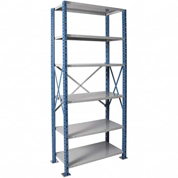Hallowell - 6 Shelf Starter Heavy-Duty Open Steel Shelving - 450 Lb Capacity, 48" Wide x 123" High x 18" Deep, Blue/Platinum - Americas Industrial Supply