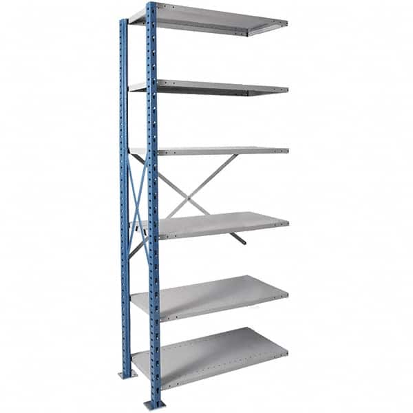 Hallowell - 6 Shelf Add-On Heavy-Duty Open Steel Shelving - 800 Lb Capacity, 36" Wide x 87" High x 18" Deep, Blue/Platinum - Americas Industrial Supply