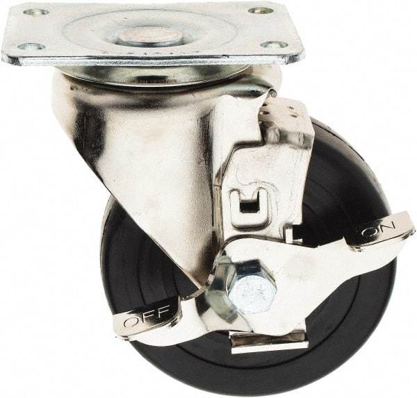 E.R. Wagner - 4" Diam x 1-1/4" Wide x 5-1/8" OAH Top Plate Mount Swivel Caster with Brake - Soft Rubber, 165 Lb Capacity, Delrin Bearing, 2-3/4 x 3-3/4" Plate - Americas Industrial Supply