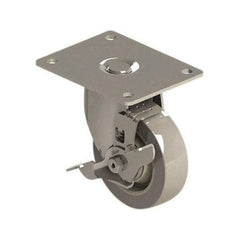 E.R. Wagner - 4" Diam x 1-1/4" Wide x 5-1/8" OAH Top Plate Mount Swivel Caster with Brake - TPR, 275 Lb Capacity, Precision Ball Bearing, 4 x 5" Plate - Americas Industrial Supply