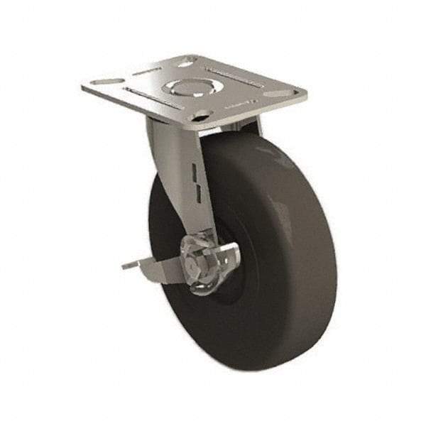 E.R. Wagner - 5" Diam x 1-1/4" Wide x 5-5/8" OAH Top Plate Mount Swivel Caster with Brake - Soft Rubber, 190 Lb Capacity, 3-1/8 x 4-1/8" Plate - Americas Industrial Supply