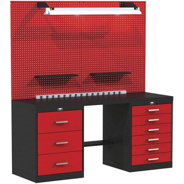 Hallowell - 60 Wide x 24" Deep x 78" High, Steel Workbench - Flat Top, Black/Red - Americas Industrial Supply