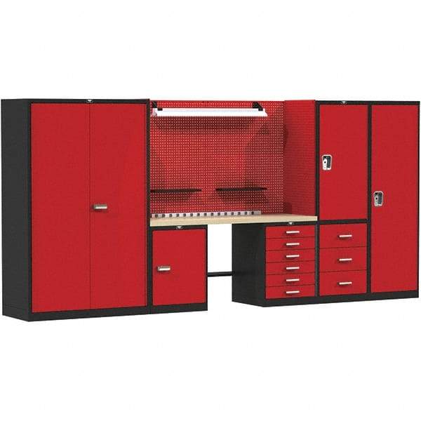 Hallowell - 132 Wide x 24" Deep x 78" High, Wood Workbench - Flat Top, Black/Red - Americas Industrial Supply