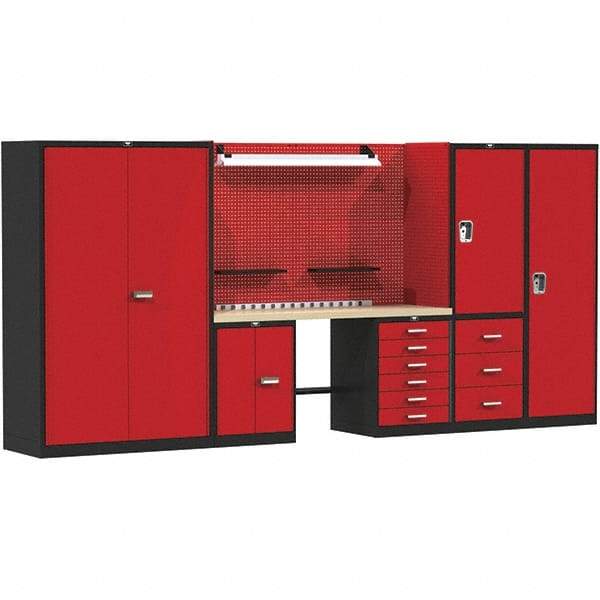 Hallowell - 168 Wide x 24" Deep x 78" High, Wood Workbench - Flat Top, Black/Red - Americas Industrial Supply