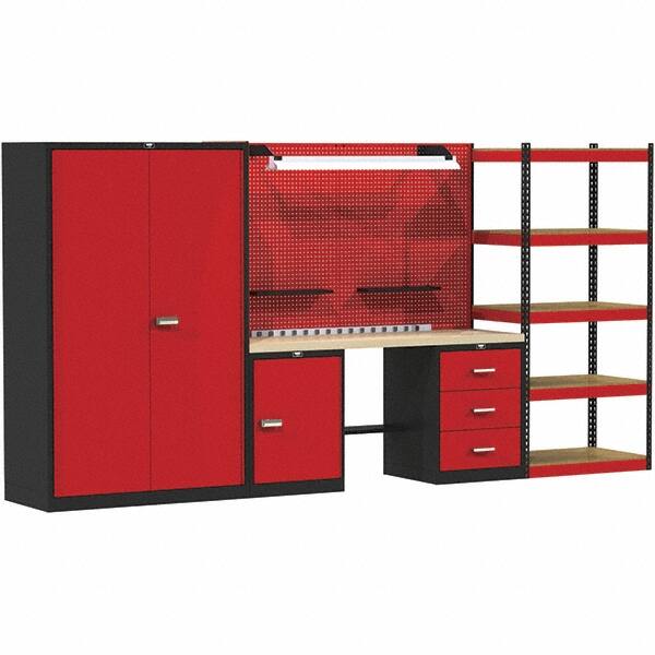 Hallowell - 132 Wide x 24" Deep x 78" High, Wood Workbench - Flat Top, Black/Red - Americas Industrial Supply