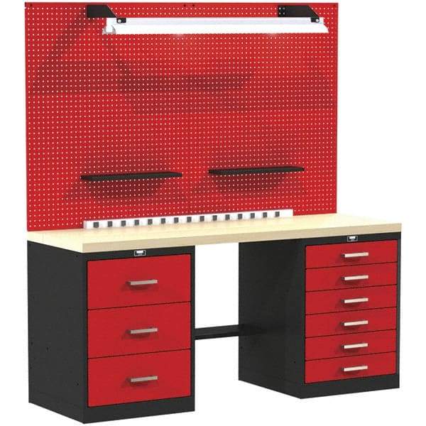 Hallowell - 60 Wide x 24" Deep x 78" High, Wood Workbench - Flat Top, Black/Red - Americas Industrial Supply