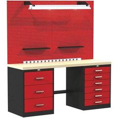 Hallowell - 60 Wide x 24" Deep x 78" High, Wood Workbench - Flat Top, Black/Red - Americas Industrial Supply