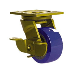 E.R. Wagner - 4" Diam x 2" Wide x 5-5/8" OAH Top Plate Mount Swivel Caster with Brake - Mold on Polyurethane, 750 Lb Capacity, Roller Bearing, 4 x 4-1/2" Plate - Americas Industrial Supply
