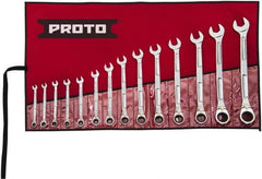 Proto - 14 Piece, 6mm to 19mm, Ratcheting Combination Wrench Set - Metric Measurement Standard, Full Polish Finish, Comes in Pouch - Americas Industrial Supply