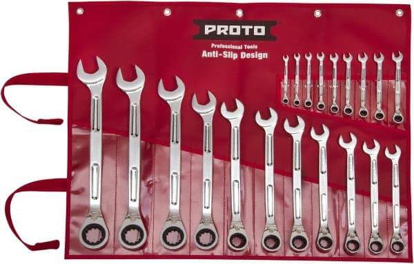 Proto - 20 Piece, 6mm to 32mm, Ratcheting Combination Wrench Set - Metric Measurement Standard, Full Polish Finish, Comes in Pouch - Americas Industrial Supply