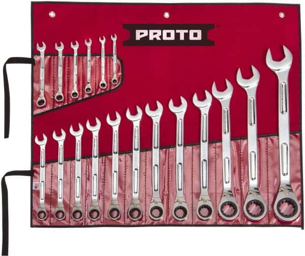 Proto - 18 Piece, 1/4" to 1-1/4", Ratcheting Combination Wrench Set - Inch Measurement Standard, Full Polish Finish, Comes in Pouch - Americas Industrial Supply