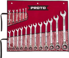 Proto - 18 Piece, 1/4" to 1-1/4", Ratcheting Combination Wrench Set - Inch Measurement Standard, Full Polish Finish, Comes in Pouch - Americas Industrial Supply