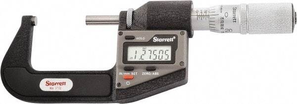 Starrett - 25.4 to 50.8 mm Range, 0.0001" Resolution, Standard Throat, Electronic Outside Micrometer - 0.0001" Accuracy, Friction Thimble, Micro Lapped Carbide Face, CR2450 Battery, Includes 3V Battery - Americas Industrial Supply