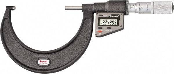 Starrett - 76 to 101 mm Range, 0.0001" Resolution, Standard Throat, Electronic Outside Micrometer - 0.0002" Accuracy, Friction Thimble, Micro Lapped Carbide Face, CR2450 Battery, Includes 3V Battery - Americas Industrial Supply