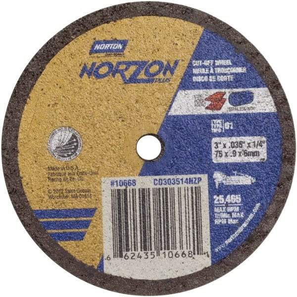 Norton - 3" Ceramic Cutoff Wheel - 0.035" Thick, 1/4" Arbor, Use with Angle Grinders - Americas Industrial Supply