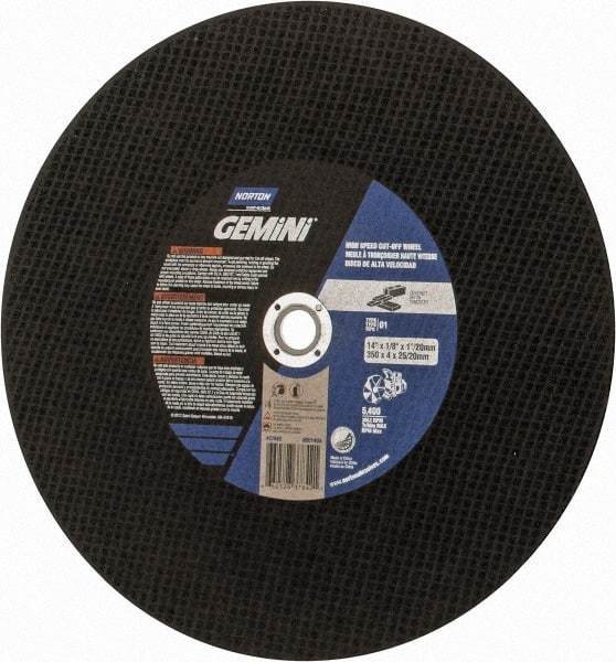 Norton - 14" Aluminum Oxide Cutoff Wheel - 1/8" Thick, 1" Arbor, Use with Die Grinders - Americas Industrial Supply