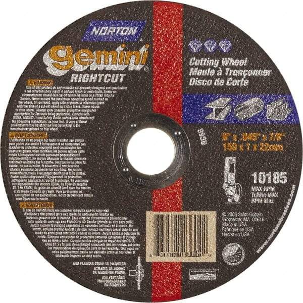 Norton - 6" Aluminum Oxide Cutoff Wheel - 0.045" Thick, 7/8" Arbor, Use with Die Grinders - Americas Industrial Supply