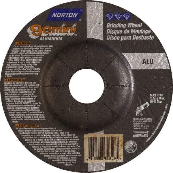 Norton - 24 Grit, 5" Wheel Diam, 1/4" Wheel Thickness, 7/8" Arbor Hole, Type 27 Depressed Center Wheel - Aluminum Oxide - Americas Industrial Supply