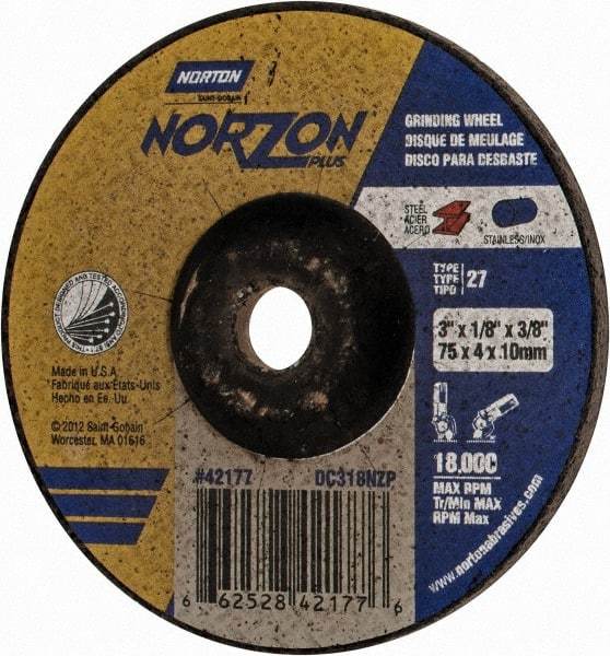 Norton - 24 Grit, 3" Wheel Diam, 1/8" Wheel Thickness, 3/8" Arbor Hole, Type 27 Depressed Center Wheel - Ceramic, 18,000 Max RPM - Americas Industrial Supply