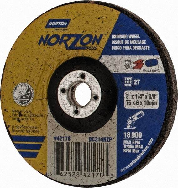 Norton - 24 Grit, 3" Wheel Diam, 1/4" Wheel Thickness, 3/8" Arbor Hole, Type 27 Depressed Center Wheel - Ceramic, 18,000 Max RPM - Americas Industrial Supply
