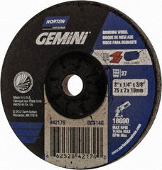Norton - 24 Grit, 3" Wheel Diam, 1/4" Wheel Thickness, 3/8" Arbor Hole, Type 27 Depressed Center Wheel - Aluminum Oxide, 18,000 Max RPM - Americas Industrial Supply