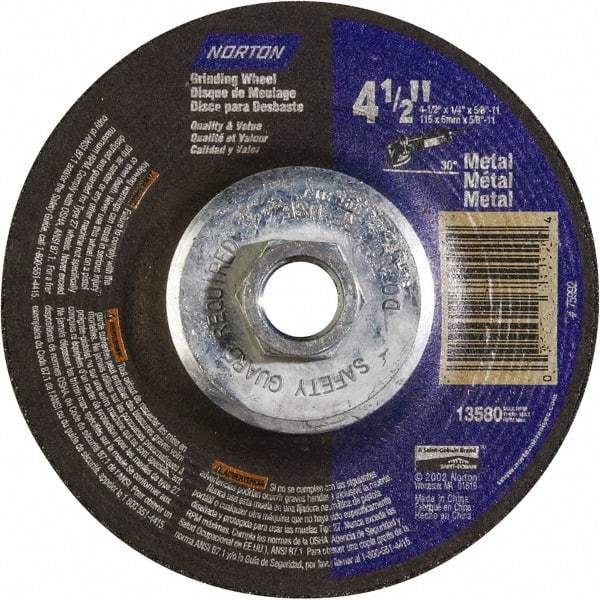 Norton - 24 Grit, 4-1/2" Wheel Diam, 1/4" Wheel Thickness, Type 27 Depressed Center Wheel - Aluminum Oxide - Americas Industrial Supply