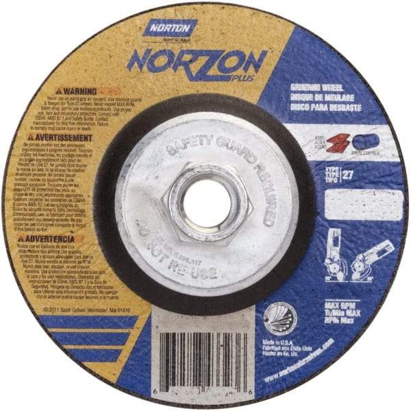 Norton - 24 Grit, 5" Wheel Diam, 1/8" Wheel Thickness, Type 27 Depressed Center Wheel - Ceramic - Americas Industrial Supply