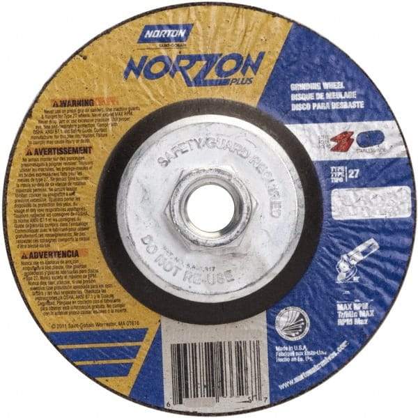 Norton - 24 Grit, 5" Wheel Diam, 1/4" Wheel Thickness, Type 27 Depressed Center Wheel - Ceramic, 12,225 Max RPM - Americas Industrial Supply
