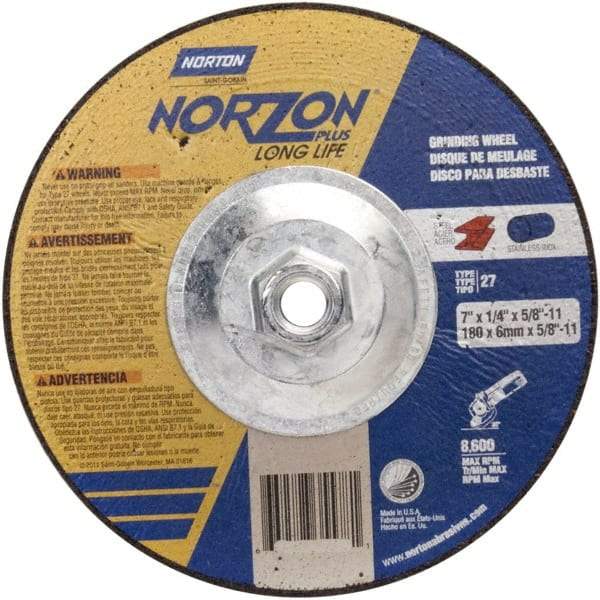 Norton - 24 Grit, 5" Wheel Diam, 1/4" Wheel Thickness, Type 27 Depressed Center Wheel - Ceramic - Americas Industrial Supply