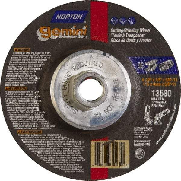 Norton - 24 Grit, 4-1/2" Wheel Diam, 1/8" Wheel Thickness, Type 27 Depressed Center Wheel - Aluminum Oxide, 13,580 Max RPM - Americas Industrial Supply