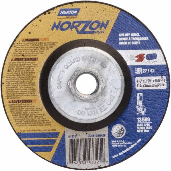 Norton - 36 Grit, 4-1/2" Wheel Diam, 1/8" Wheel Thickness, Type 27 Depressed Center Wheel - Ceramic - Americas Industrial Supply