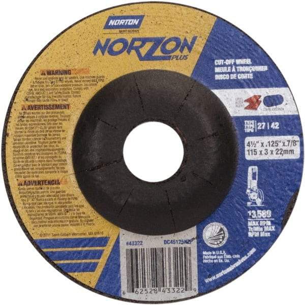 Norton - 36 Grit, 4-1/2" Wheel Diam, 1/8" Wheel Thickness, 7/8" Arbor Hole, Type 27 Depressed Center Wheel - Ceramic, 13,580 Max RPM - Americas Industrial Supply