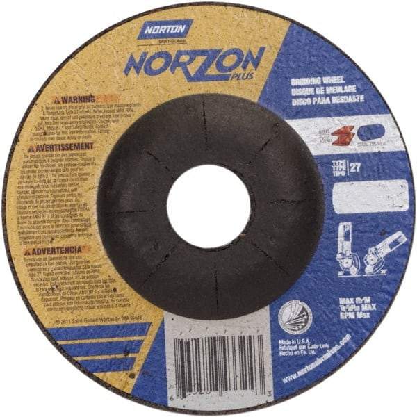 Norton - 24 Grit, 4-1/2" Wheel Diam, 1/8" Wheel Thickness, 7/8" Arbor Hole, Type 27 Depressed Center Wheel - Ceramic, 13,580 Max RPM - Americas Industrial Supply