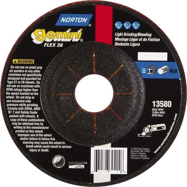 Norton - 36 Grit, 5" Wheel Diam, 1/8" Wheel Thickness, 7/8" Arbor Hole, Type 29 Depressed Center Wheel - Aluminum Oxide - Americas Industrial Supply