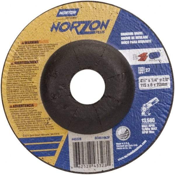 Norton - 24 Grit, 4-1/2" Wheel Diam, 1/4" Wheel Thickness, 7/8" Arbor Hole, Type 27 Depressed Center Wheel - Ceramic - Americas Industrial Supply