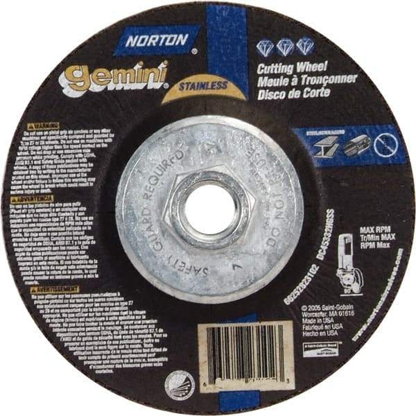 Norton - 36 Grit, 4-1/2" Wheel Diam, 3/32" Wheel Thickness, Type 27 Depressed Center Wheel - Aluminum Oxide - Americas Industrial Supply