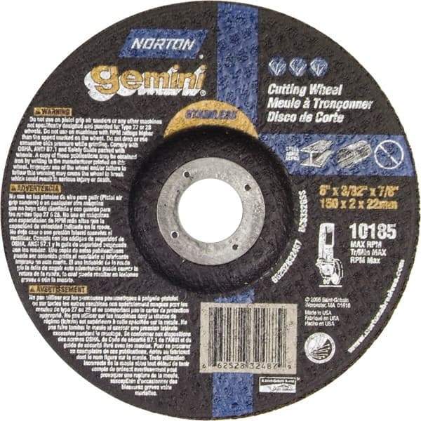 Norton - 36 Grit, 6" Wheel Diam, 3/32" Wheel Thickness, 7/8" Arbor Hole, Type 27 Depressed Center Wheel - Aluminum Oxide - Americas Industrial Supply
