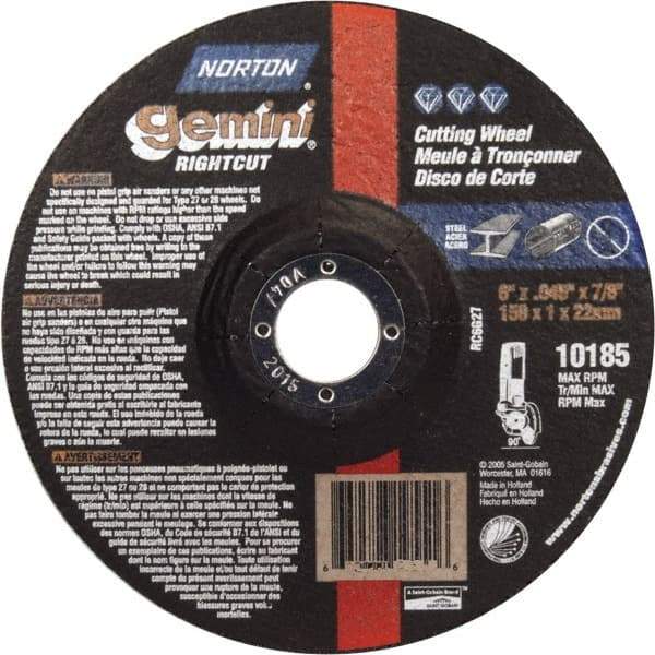 Norton - 46 Grit, 6" Wheel Diam, 7/8" Arbor Hole, Type 27 Depressed Center Wheel - Aluminum Oxide - Americas Industrial Supply