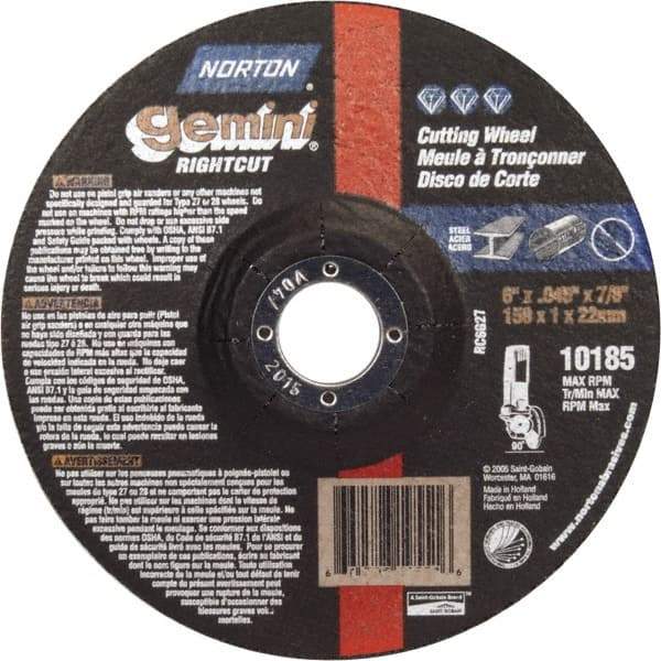Norton - 46 Grit, 6" Wheel Diam, 7/8" Arbor Hole, Type 27 Depressed Center Wheel - Aluminum Oxide - Americas Industrial Supply