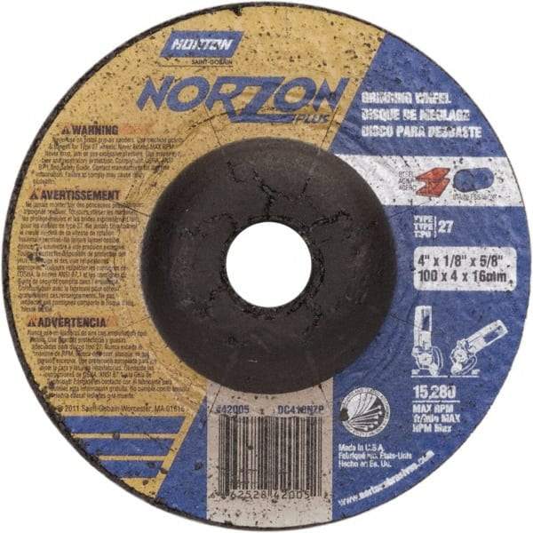 Norton - 24 Grit, 4" Wheel Diam, 1/8" Wheel Thickness, 5/8" Arbor Hole, Type 27 Depressed Center Wheel - Ceramic, 15,280 Max RPM - Americas Industrial Supply
