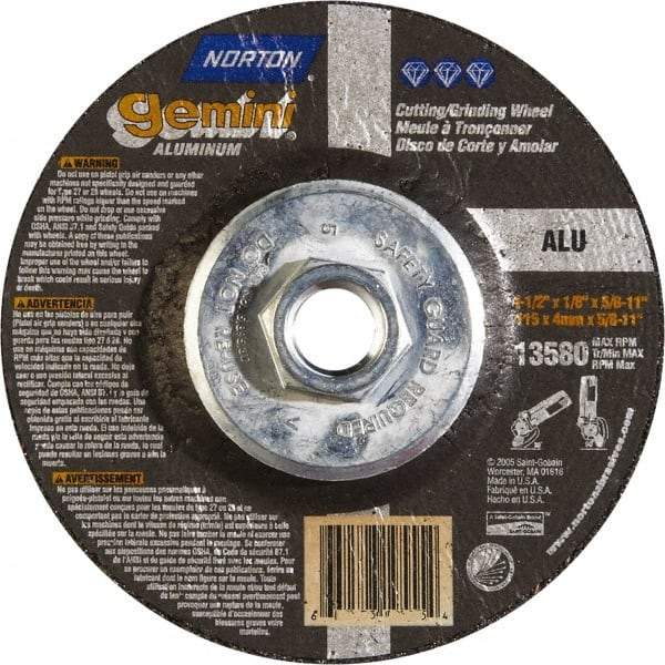 Norton - 24 Grit, 4-1/2" Wheel Diam, 1/8" Wheel Thickness, Type 27 Depressed Center Wheel - Aluminum Oxide, 13,580 Max RPM - Americas Industrial Supply