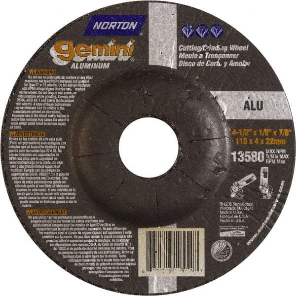Norton - 24 Grit, 4-1/2" Wheel Diam, 1/8" Wheel Thickness, 7/8" Arbor Hole, Type 27 Depressed Center Wheel - Aluminum Oxide, 13,580 Max RPM - Americas Industrial Supply