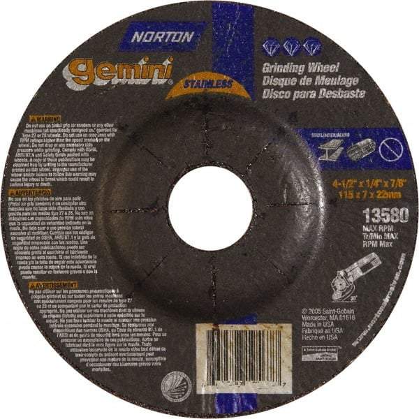 Norton - 24 Grit, 4-1/2" Wheel Diam, 1/4" Wheel Thickness, 7/8" Arbor Hole, Type 27 Depressed Center Wheel - Aluminum Oxide - Americas Industrial Supply