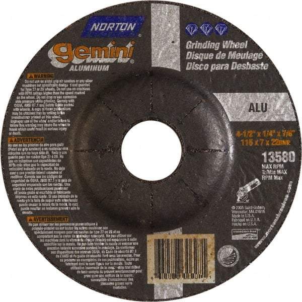 Norton - 24 Grit, 4-1/2" Wheel Diam, 1/4" Wheel Thickness, 7/8" Arbor Hole, Type 27 Depressed Center Wheel - Aluminum Oxide, 13,580 Max RPM - Americas Industrial Supply
