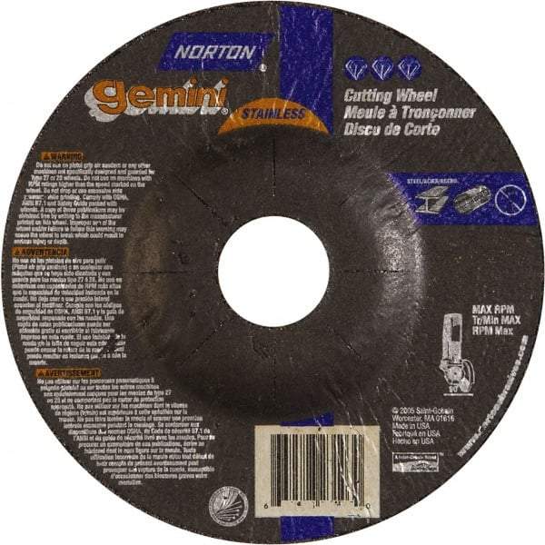 Norton - 36 Grit, 5" Wheel Diam, 3/32" Wheel Thickness, 7/8" Arbor Hole, Type 27 Depressed Center Wheel - Aluminum Oxide - Americas Industrial Supply