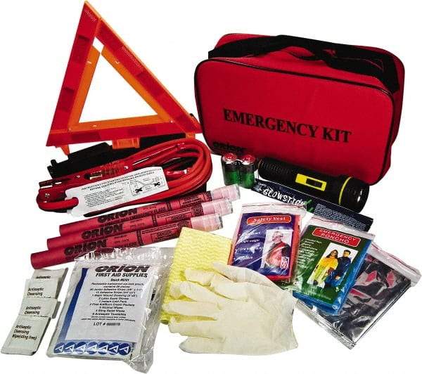 ORION Safety - 79 Piece, Emergency Roadside Safety Kit - Emergency Flares, Reflective Triangle, Flashlight, Batteries, Lightstick, Vest, Poncho, Shop Cloth, Jumper Cable, Multi-Tool, Thermal Blanket, Toweletes & First Aid Supplies - Americas Industrial Supply