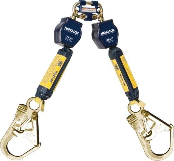 DBI/SALA - 6' Long, 420 Lb Capacity, 2 Leg Twin Leg Harness Self-Retracting Lifeline - 25/32" Diam, Dyneema & Polyester Webbing, Flat Steel Rebar Hook Anchorage Connection - Americas Industrial Supply