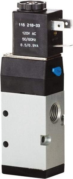 ARO/Ingersoll-Rand - 1/4" Inlet x 1/4" Outlet, Single Solenoid Actuator, Spring Return, 2 Position, Body Ported Solenoid Air Valve - 120 VAC Input, 0.7 CV, 3 Way, 115 psi, 122° Max Temp, 15° Min Temp - Americas Industrial Supply