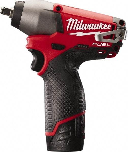 Milwaukee Tool - 3/8" Drive 12 Volt Pistol Grip Cordless Impact Wrench & Ratchet - 0 to 2,650 RPM, 0 to 3,500 BPM, 116.66 Ft/Lb Torque, 2 Lithium-Ion Batteries Included - Americas Industrial Supply