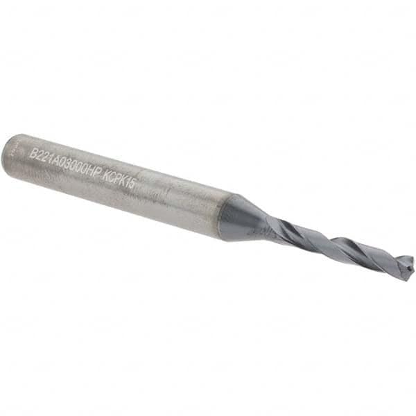 Kennametal - 3mm Spiral Flute Solid Carbide Screw Machine Drill Bit - Multilayer TiAlN Finish, Right Hand Cut, 20mm Flute Length, 62mm OAL, Standard Point, Straight Shank - Americas Industrial Supply